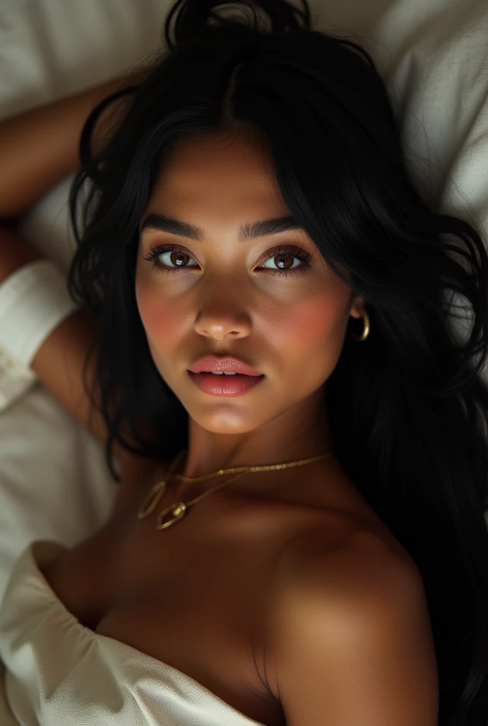 a young and beautiful indigenous woman of Colombian origin. She has dark skin, eyes browns, coral pink plump lips and long, straight thigh-length black hair with straight bangs and sideburns that partially reach her ears, lying on her bed, facing forward