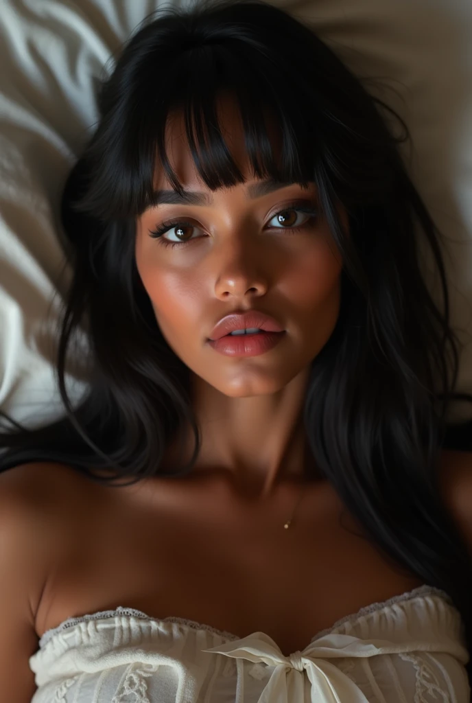 a young and beautiful indigenous woman of Colombian origin. She has dark skin, eyes browns, coral pink plump lips and long, straight thigh-length black hair with straight bangs and sideburns that partially reach her ears, lying on her bed, facing forward