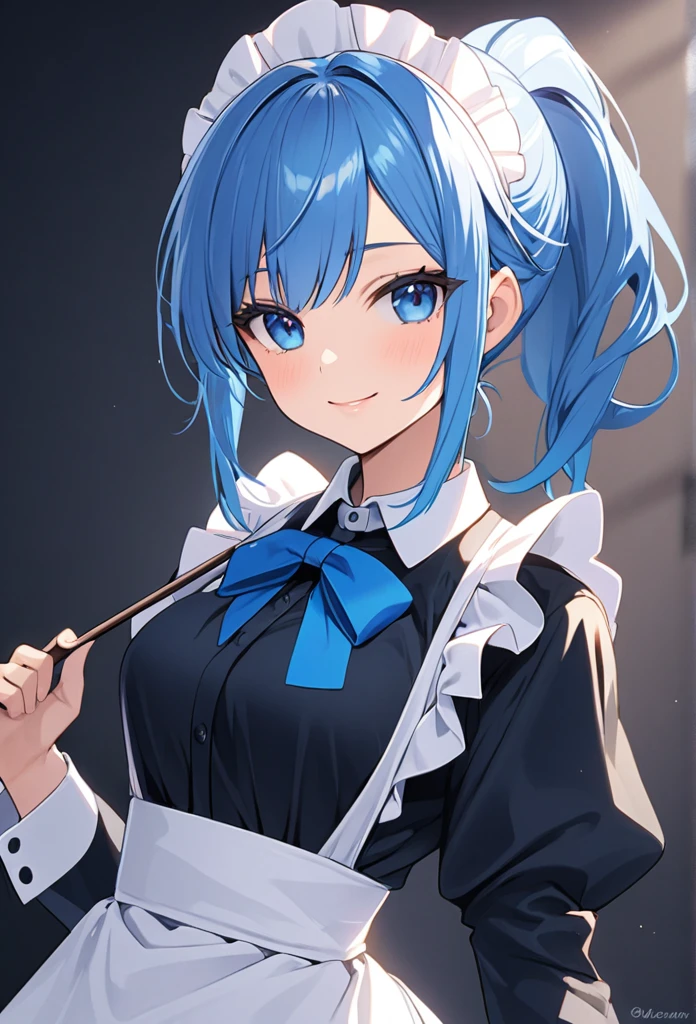 maid、黒のmaid服、Blue eyes、Beautiful blue hair、Small smile、ponytail