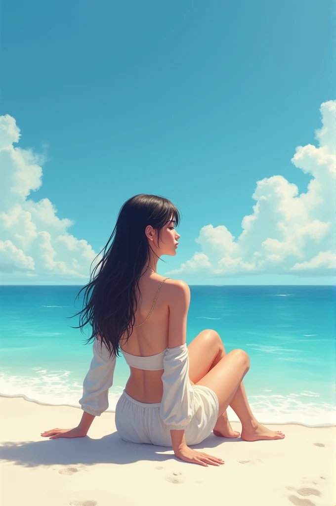 A white sandy beach with a lady sitting and her
Necklace written "FerdZ Nakah"