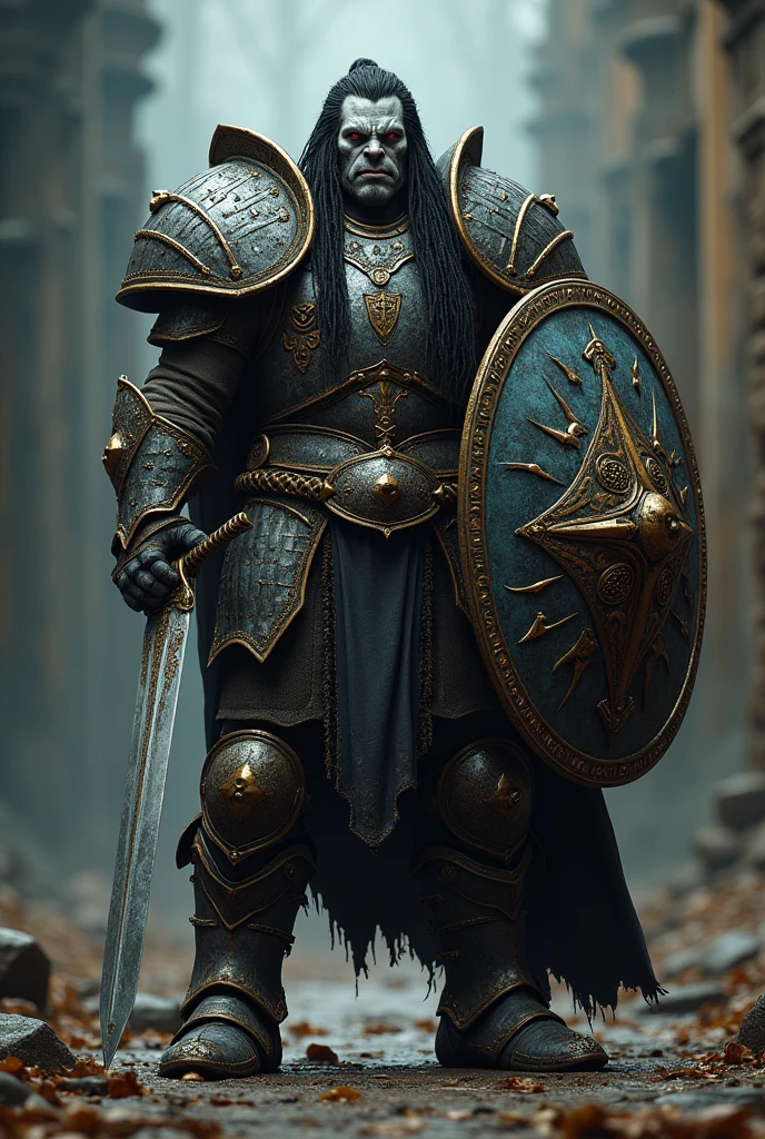 a grey skinned half orc, sharp lower canines protruding from mouth, full plate and scale armor, wielding a longsword and shield, detailed facial features, highly detailed armor, intricate sword and shield, cinematic lighting, black long braided hair, red eyed