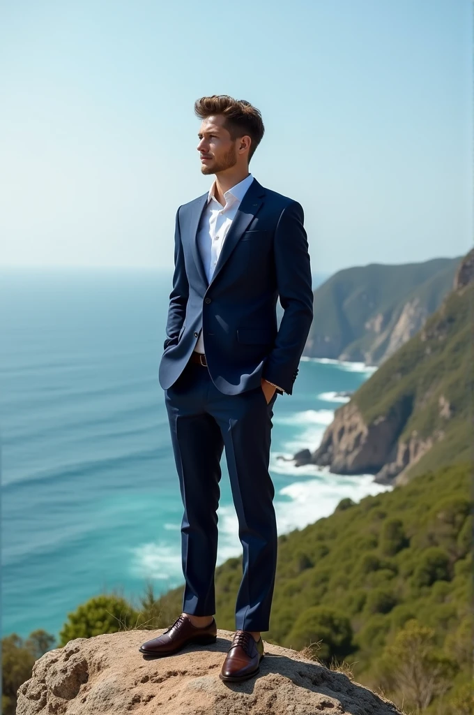 Young man in a suit on the coast