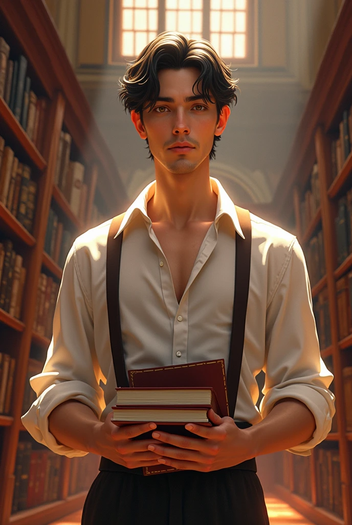 A tall man with a lean, athletic build and fair skin that has a subtle, pinkish glow stands confidently. His clean-shaven face is defined by a sharp jawline, and his calm, honey-brown eyes exude a sense of lightness. His black hair, styled in a princely cut, features bangs that gracefully drape across his forehead.
He is dressed in a princely attire, with a loose-fitting shirt and suspenders, adding a touch of elegance to his appearance. In his hands, he holds several books. The setting around him is a beautiful, historical library, where sunlight streams through large windows, casting a warm glow over the rows of ancient tomes and rich wooden shelves.