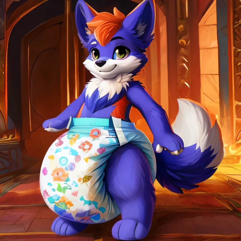 Anthropomorphic canine, fluffy tail, fullbody view, solo, digital art, different views, wearing a big diaper