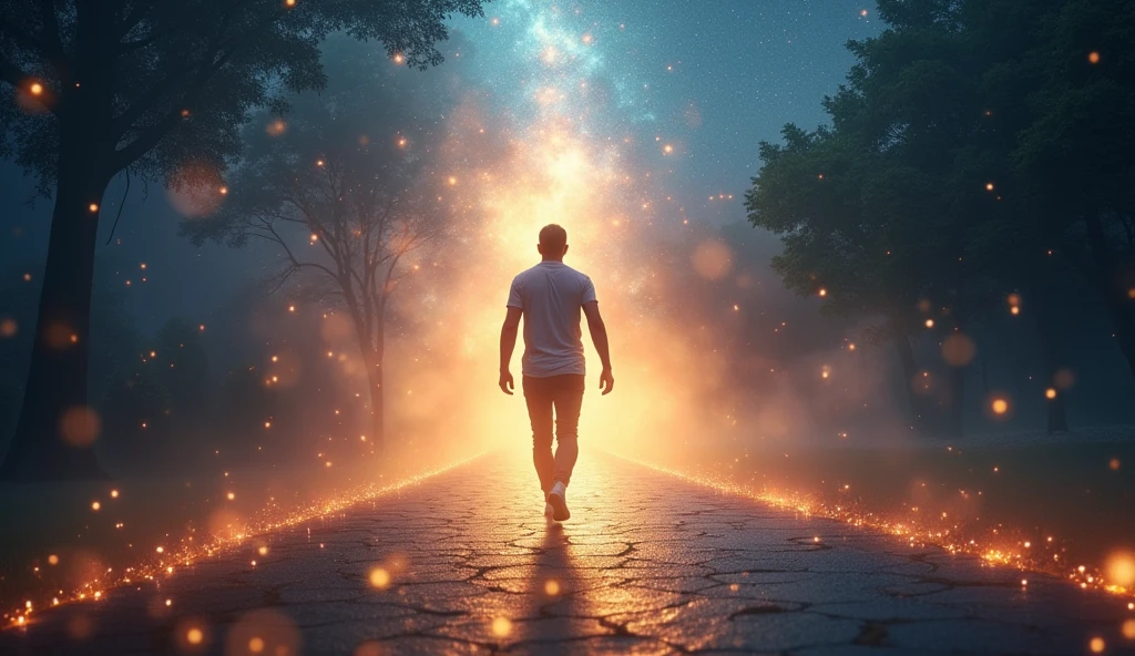 An individual confidently walking down a path illuminated by celestial lights, with a glowing aura around them. The scene is dynamic and empowering, capturing the essence of embracing one’s unique life path as revealed through numerology. --ar 16:9