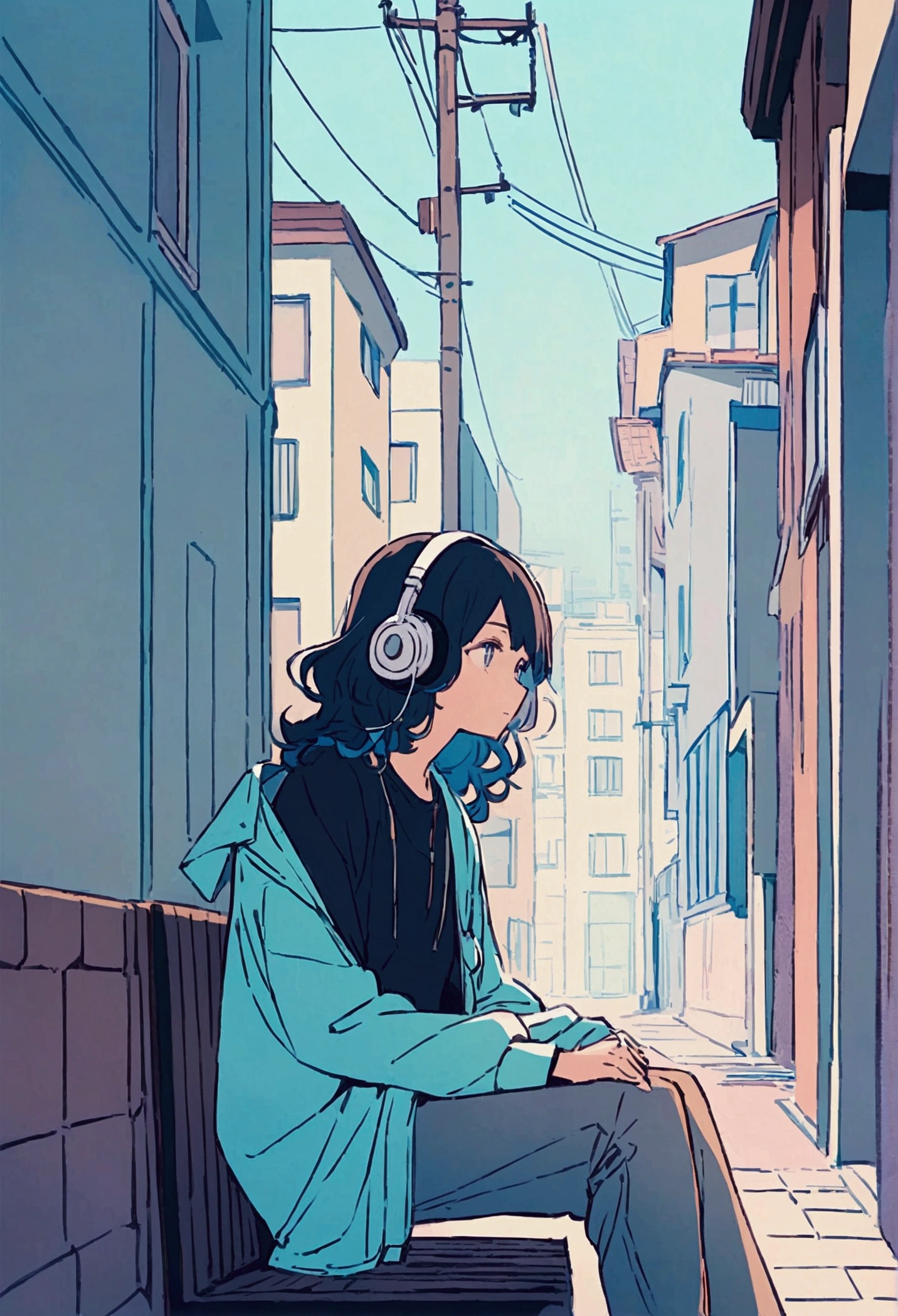 Anime style illustration of a boy sitting on a city bench. he長い間, She has light wavy hair and is wearing headphones. he、Dressed casually with a dark shirt and loose coat over his clothing。. In the background there is a street with buildings and utility poles., Beautifully drawn, Minimalist lines and pastel colors. The overall color scheme is soft and bright., Gives the image a calm and relaxing feel."