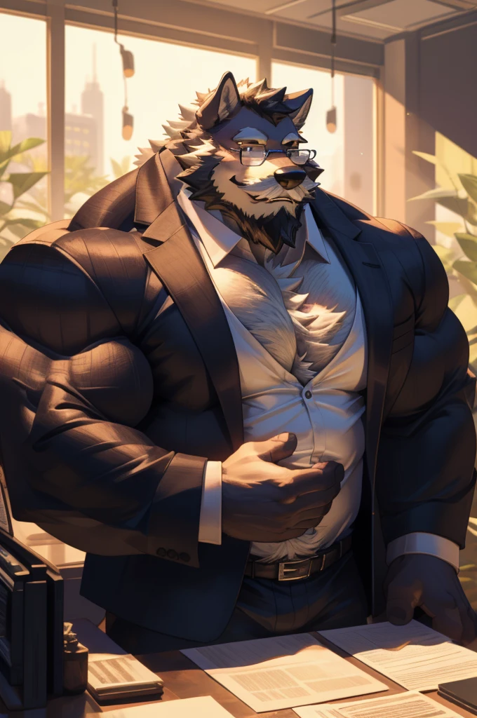 1boy, 1man, solo,  (furry wolf), (face, detailed face, bearded, white beard, thick mustache), (glasses), office, extremely huge muscular, massive muscular , sixpack , (suits), well-muscled old man. ((extremely muscle size, super thick arms, huge pec, hyper pec, bigger chest, extremely wide pectoral , huge arms)), wide smiling. Add textures and details to make the image more realistic, such as the appearance of the. Make sure the resulting image is high resolution, 8K quality