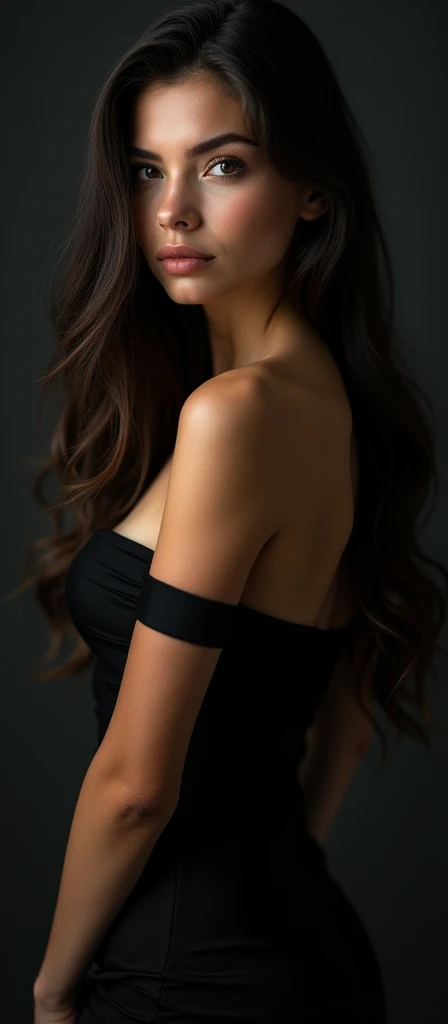 a beautiful girl, 1girl, black dress, black panty, sexy pose, provocative, sensual, alluring, seductive, mesmerizing, captivating, elegant, graceful, striking, flawless skin, detailed facial features, piercing eyes, lush lips, long eyelashes, flowing hair, dramatic lighting, dramatic shadows, chiaroscuro, dramatic contrast, cinematic, high fashion, editorial, glamorous, moody, dark, (best quality,4k,8k,highres,masterpiece:1.2),ultra-detailed,(realistic,photorealistic,photo-realistic:1.37),intricate details,exquisite details,stunning,breathtaking