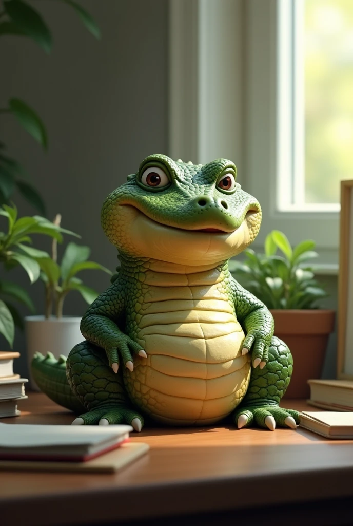 ((High definition, Masterpiece, 8k, Digital Photography, Digital Art)), ((Natural illumination)), contrast, white illumination, ((Small chubby crocodile)), ((Sitting)), ((Over a desk))