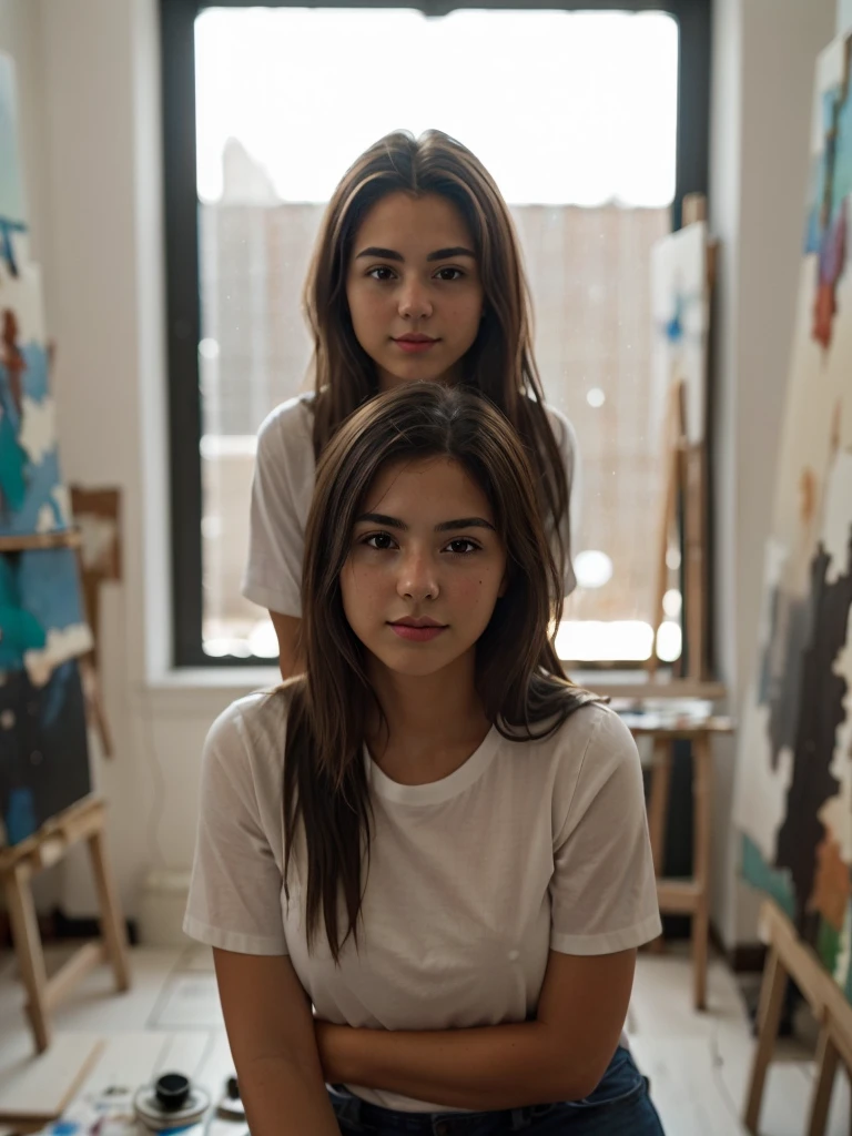 1 girl with long dark hair, wearing a white shirt, in her painting studio. Warm and soft lighting. amazing photograph, DSLR, 80mm Sigma f2, depth of field