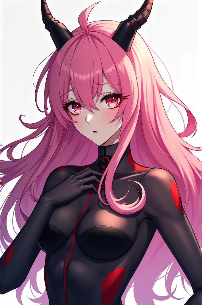 Anime-style illustration featuring a woman with long, vibrant pink hair styled in twin tails. The character has pale skin and large, black eyes with red pupils, giving a striking and somewhat eerie appearance. The character's mouth is open, revealing sharp, fang-like teeth, and there is a small amount of red coloring near the mouth. The background is dark, scary look, the character seems to be totally insane, The overall style is bold and dramatic, with strong lines and high contrast between light and dark areas. wearing an all-black military technological suit. The character is laughing madly, contorting while floating in the air, suspended meters from the ground. the character has a fairy-like appearance, she has vitiligo on her skin