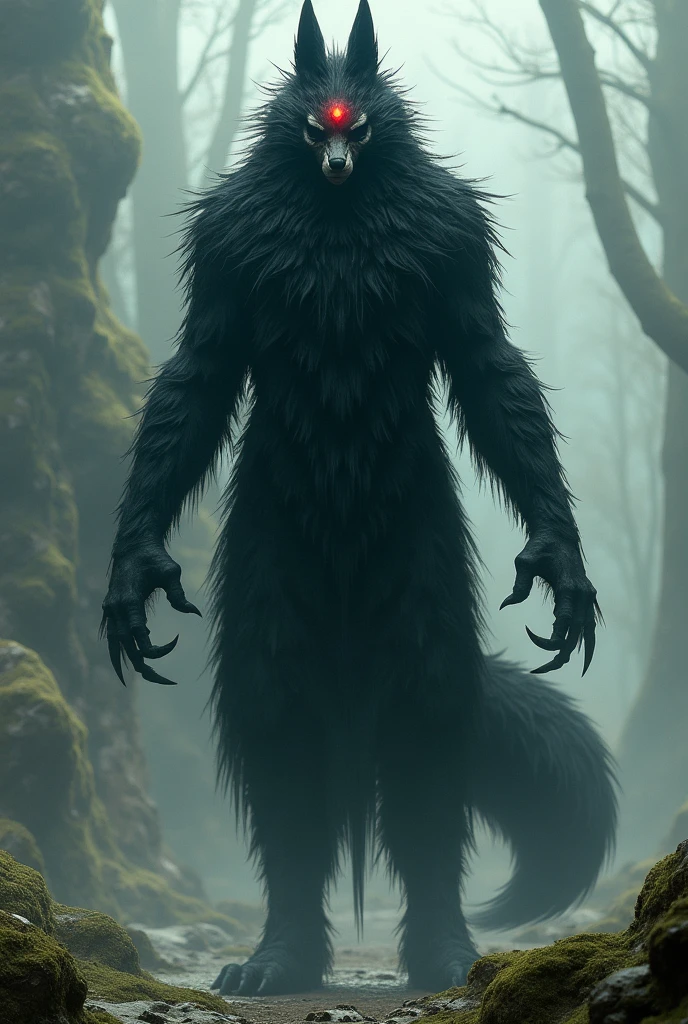 Create a 2 meter large creature, slim, full of black hair all over her body, vibrant red eye, horns and long calm, his face is similar to a fox. This creature also has horns and claws., and has a more animalistic body, she DOESN'T LOOK LIKE AN OX