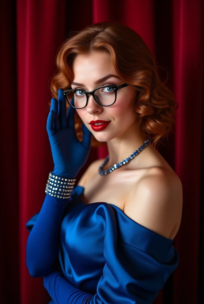 portrait photo of A shapely, busty Irish woman. 22 years of age. auburn brown 1950s styled wavy hair with curls. baby blue eyes. glossy deep red lips. faint freckles. vintage heavy eyeliner. long lashes.( smoky eyeshadow). wearing cobalt blue fancy satin evening dress with shoulder straps. high heel shoes. matching blue, tightly fitted satin opera length gloves. sapphire cuff bracelet and matching ring. sapphire necklace. in front of dark red curtains of a studio. overhead and fill light. wearing a pair of vibtage black wire frame reading glasses. loving smile. Holding a hand out to viewer