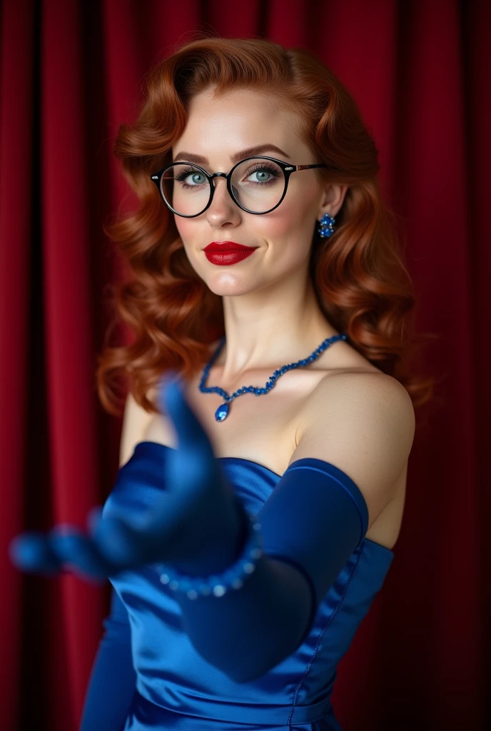 portrait photo of A shapely, busty Irish woman. 22 years of age. auburn brown 1950s styled wavy hair with curls. baby blue eyes. glossy deep red lips. faint freckles. vintage heavy eyeliner. long lashes.( smoky eyeshadow). wearing cobalt blue fancy satin evening dress with shoulder straps. high heel shoes. matching blue, tightly fitted satin opera length gloves. sapphire cuff bracelet and matching ring. sapphire necklace. in front of dark red curtains of a studio. overhead and fill light. wearing a pair of vibtage black wire frame reading glasses. loving smile. Holding a hand out to viewer