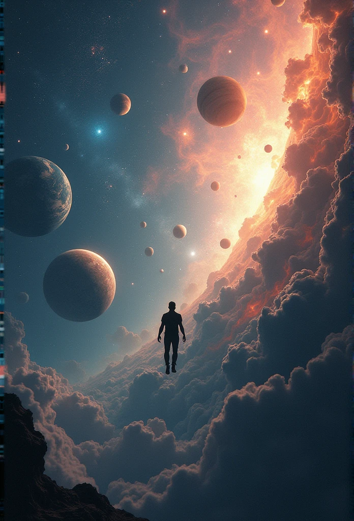 man flying through the galaxy, which contains many strange planets, some of fire and some of ice. the camera is located behind the man.