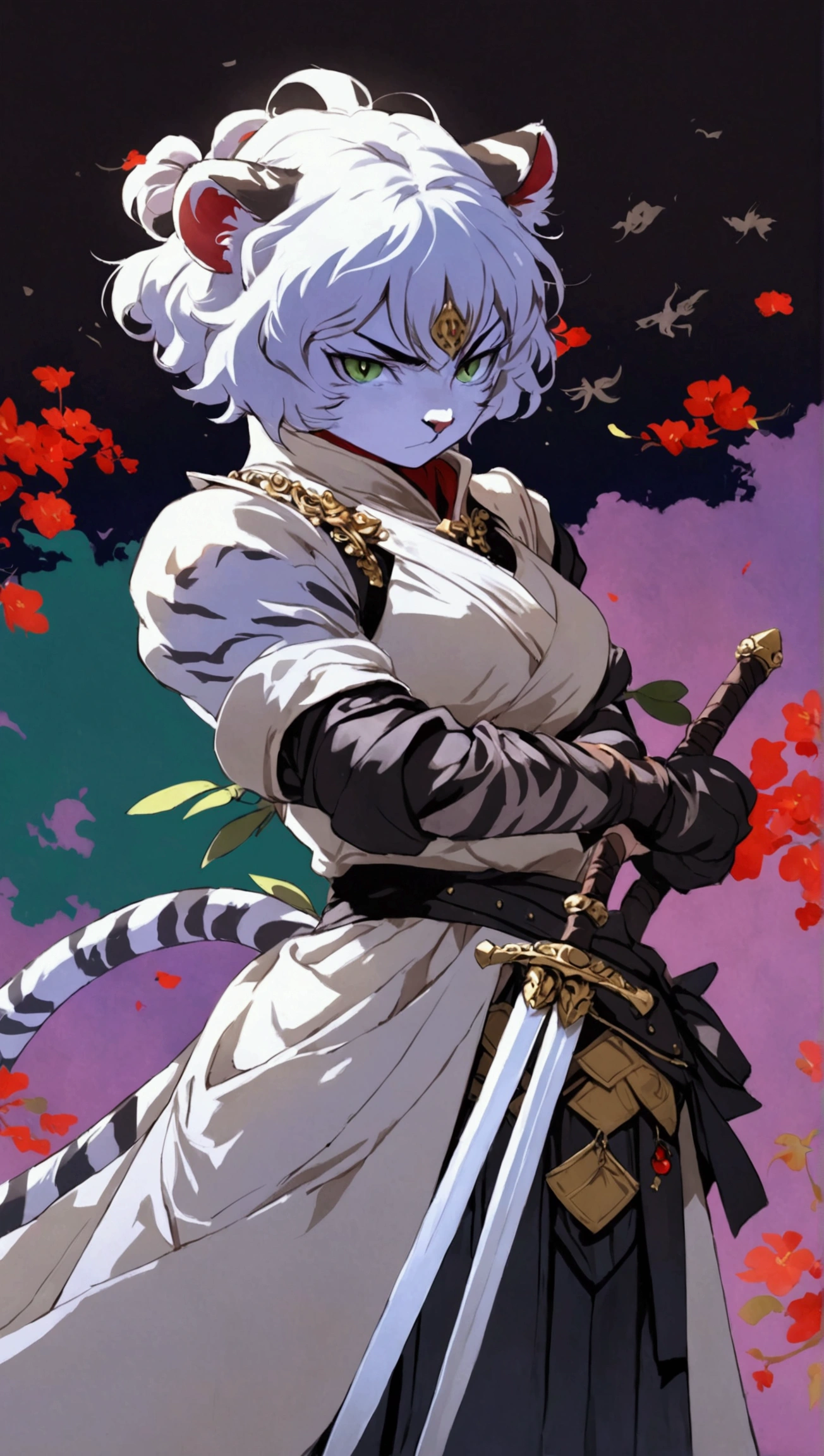 female tiger, with warrior pose ,with furs brancos ,wearing black medieval clothes ,angry ,Eyes red ,with short hair, chic, with fur