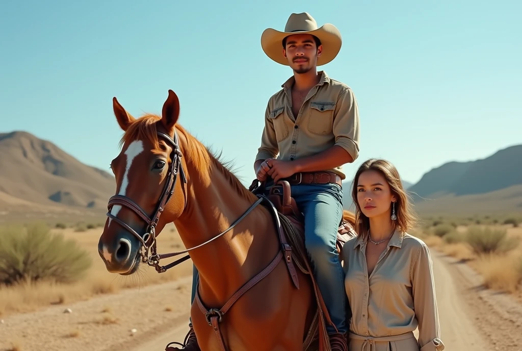 Real photo of young Indonesian man wearing cowboy clothes riding a horse in Texas America with a European girl.