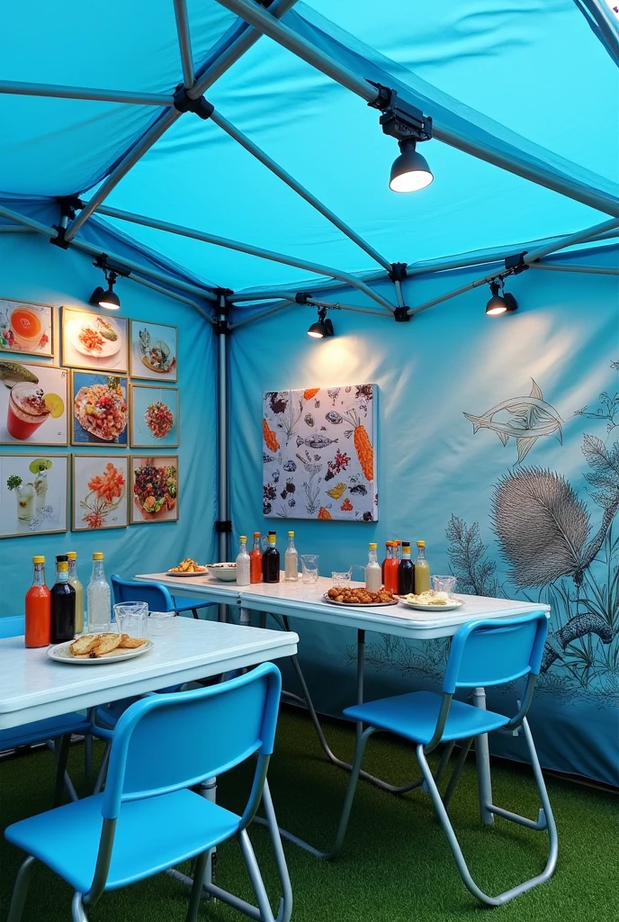 Design me a mobile business in the form of a folding and buildable tent measuring 3x3 in blue with the following specifications - 1 FOLDING WORK TABLE WITH A COOLER ON THE TABLE ( TABLECLOTH WITH SEAFOOD DRAWING)
- 2 TABLES FOR CUSTOMERS WITH 4 CHAIRS PER TABLE AND BOTTLES OF SEAFOOD SAUCES ON THE TABLE, CATSUP, TOAST AND COOKIES - ON THE WALLS OF THE TENTS THERE ARE PHOTOGRAPHS OF : SEAFOOD COCKTAIL, FISH CEVICHE AND AGUACHILE - THE FLOOR WILL BE MADE OF SYNTHETIC GRASS - THE CARP WILL BE BLUE