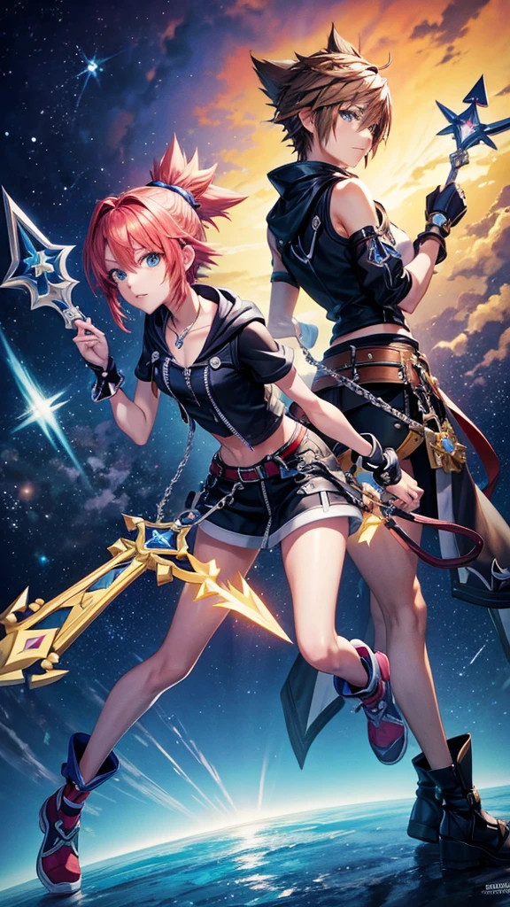 Characters from the Kingdom Hearts game series「sky」Create an image,Show me your keyblade,looking at the camera,high resolution,masterpiece
