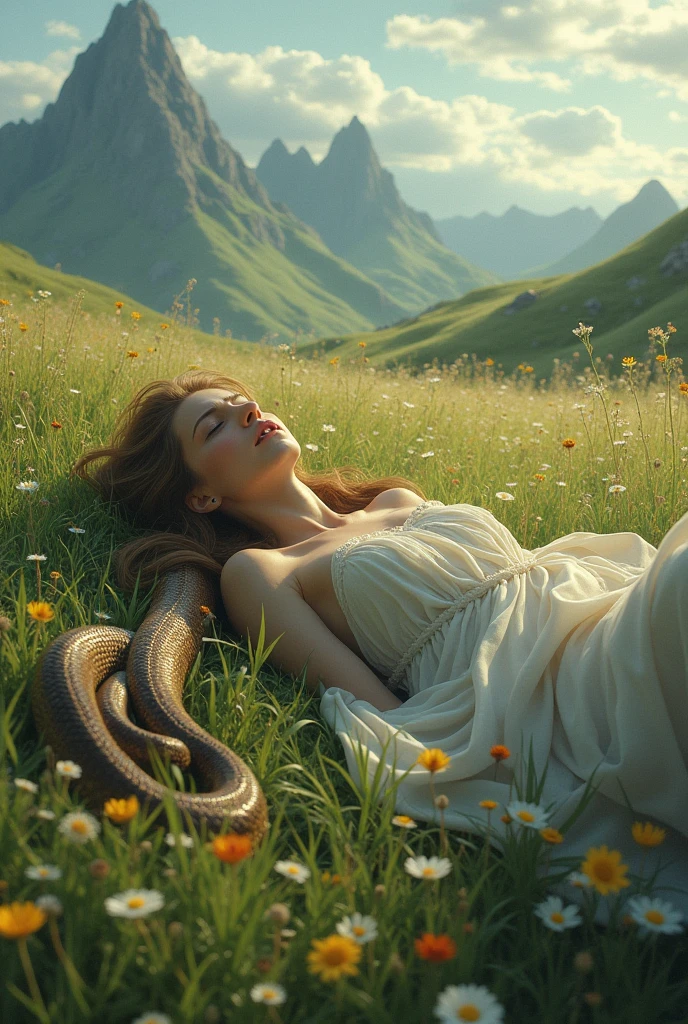 While walking through the fields, Eurydice was bitten by a snake and died

