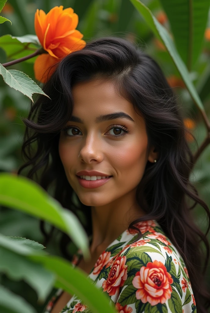 A Brazilian woman in a lush tropical garden, wearing an open shirt with a floral print, with a close-up capturing the harmonious beauty between her breasts and the natural flowers, showing off your natural charm and outgoing personality.