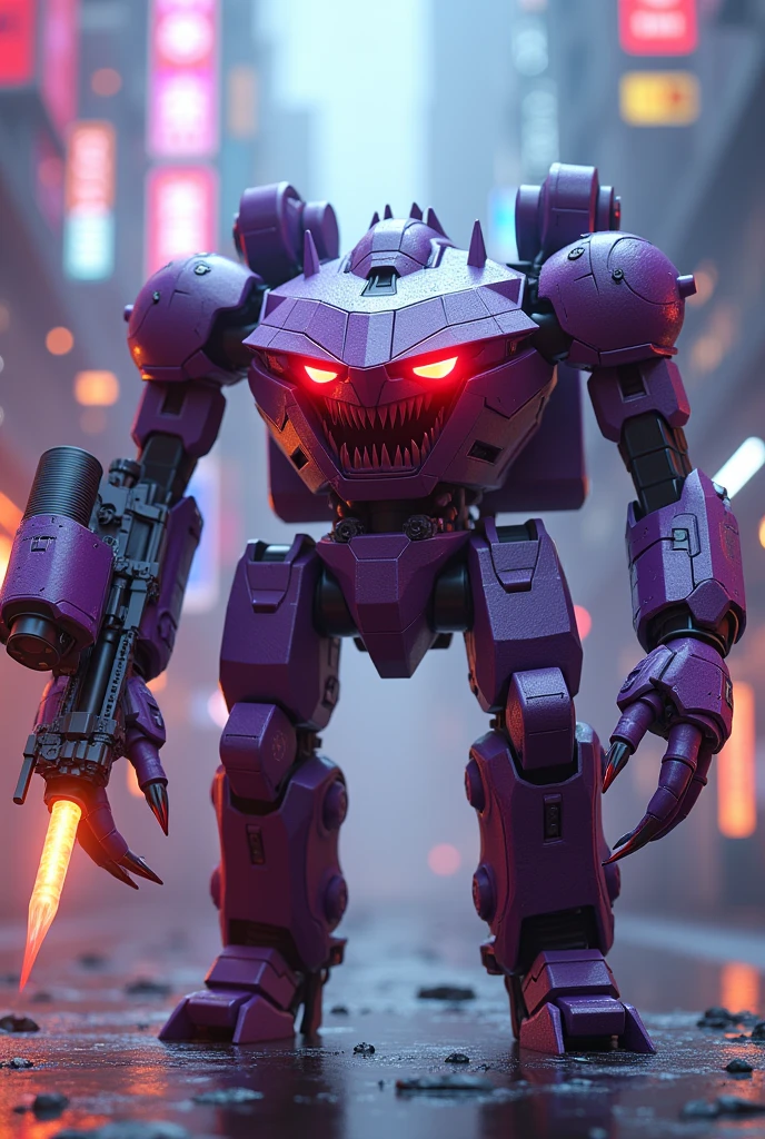 a highly detailed. small face robot sharp teeth. hexagonal prism robot with crab-like legs, red eyes, sharp teeth, a purple crab-shaped body, floating and flying. claw hand. high tech design. hulkbuster body. mecha robot. big bazooka.bazooka on hands, ,Cyberpunk, dreamy glow, luminous neon lights, ( Global illumination, Ray traching, hdr, unreal render,reasonable design, high detal, Masterpiece, Best quality, hyper HD, Cinematic lighting), Mecha musume. jackpack.flamethrower fire blast. power fired. very big