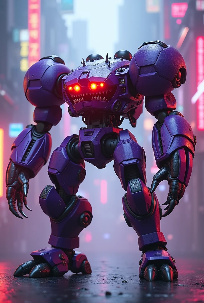 a highly detailed. small face robot sharp teeth. hexagonal prism robot with crab-like legs, red eyes, sharp teeth, a purple crab-shaped body, floating and flying. claw hand. high tech design. hulkbuster body. mecha robot. big bazooka.bazooka on hands, ,Cyberpunk, dreamy glow, luminous neon lights, ( Global illumination, Ray traching, hdr, unreal render,reasonable design, high detal, Masterpiece, Best quality, hyper HD, Cinematic lighting), Mecha musume. jackpack.flamethrower fire blast. power fired. very big