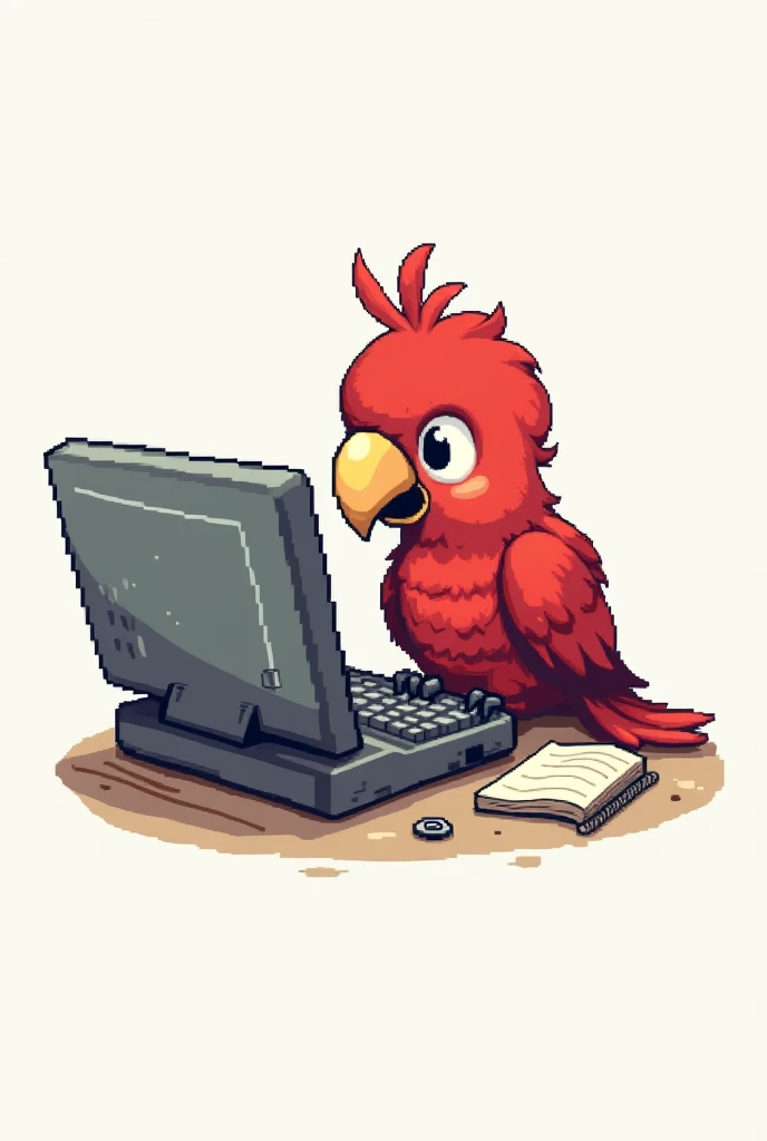 create a t-shirt print with a transparent background where there is a small pixelated red parrot sitting and using a computer or notebook