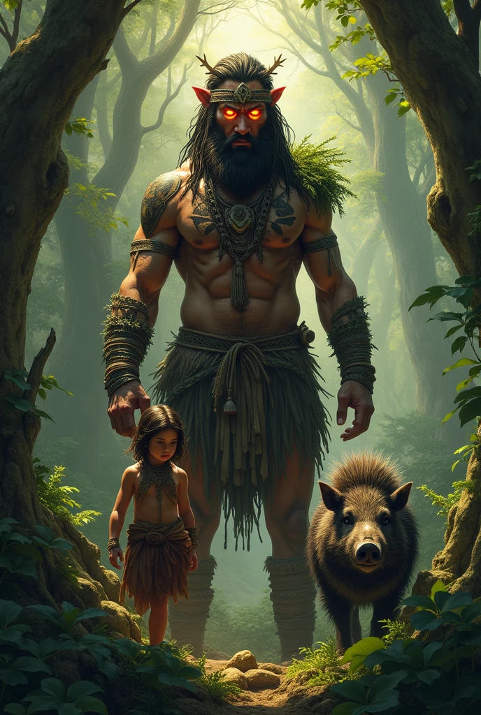 an indigenous man with eyes of fire from the forest defenseless a young legend and his animal boar