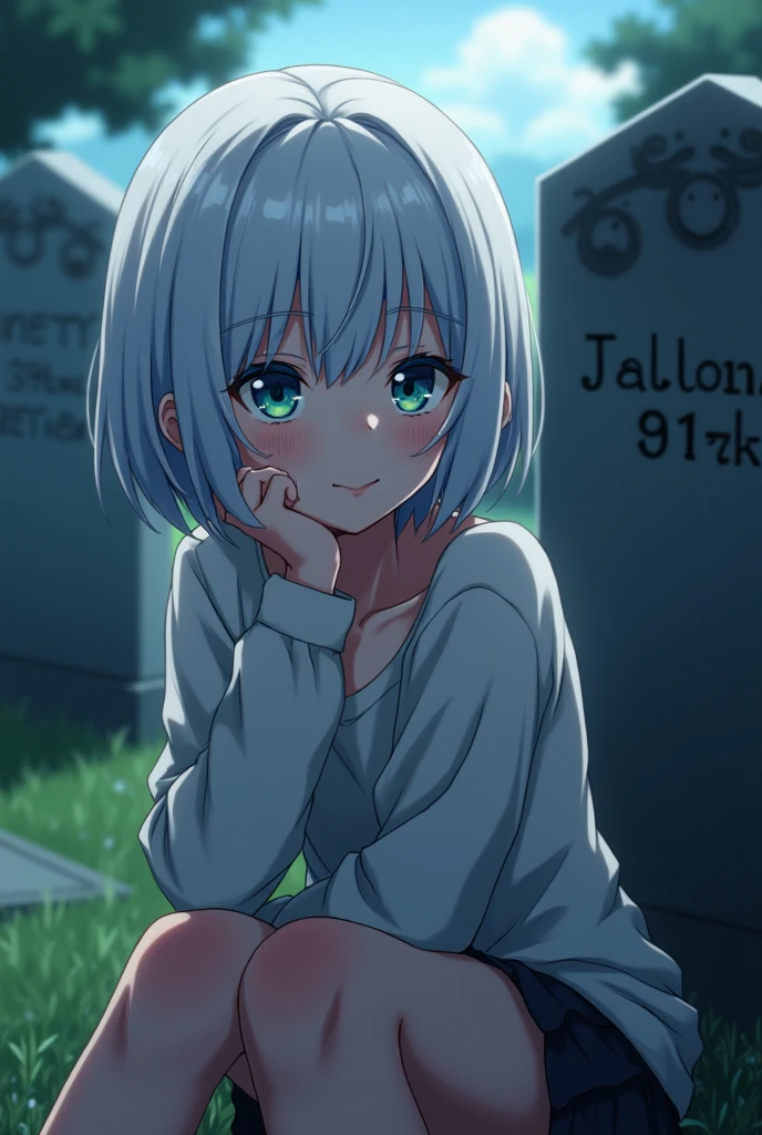 anime style,  adult woman, with blue right eye and green left eye, short white hair.
Sitting next to a grave.
She has tears in her eyes and a slight smile..