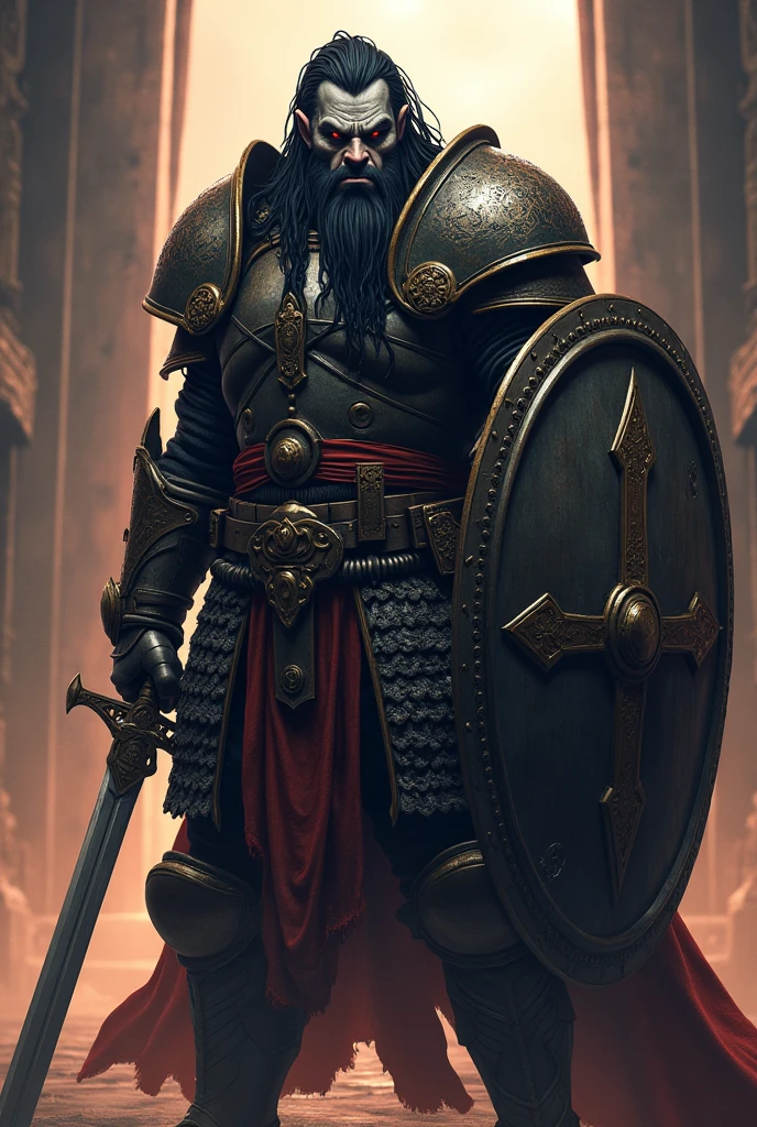 a grey skinned half orc, sharp lower canines protruding from mouth, full plate and scale armor, wielding a longsword and shield, detailed facial features, highly detailed armor, intricate sword and shield, cinematic lighting, black long braided hair, red eyed and dutch beard, anime art style