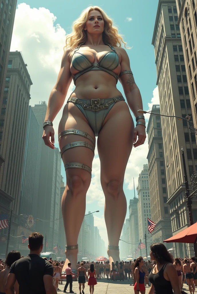 A giantess suddenly appears in the busy city, his imposing figure reaching the clouds like a moving skyscraper. She is described as a mature woman, a giant woman, a titan woman, with a busty figure, Breasts huge, thick-thighs, and a perfect body. She is adorned with a plunging neckline, dressed in a manner worthy of a superwoman, including underwear and outfits that one would associate with a superwoman, like pantyhose, belt bandage pantyhose, and open sandals. com seus cabelos loiros, she presents an imposing image, but captivating.

People will try to escape from the giant&#39;s feet as quickly as possible.. Emergency service personnel will organize evacuations and guide people to safe areas.. ao mesmo tempo, There may be volunteers and rescue teams on site to help the injured.