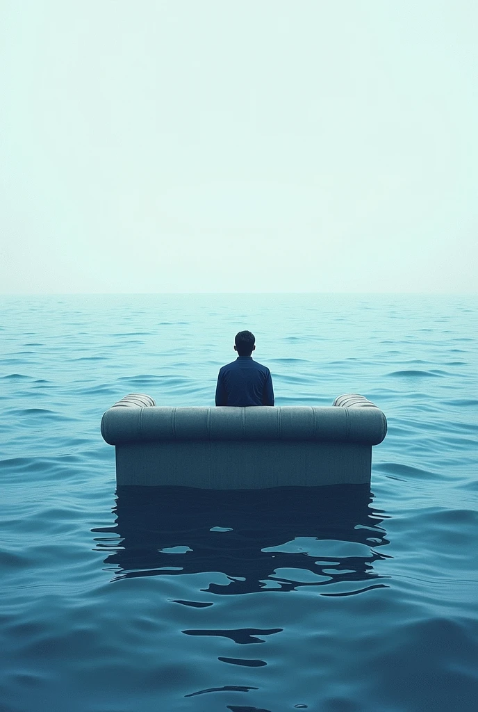 Create an image Setting: Main image: A real sofa, positioned so that it appears to be floating in the sea in the same direction as the human figure. This sofa represents the couch, the safe place where the therapeutic journey takes place.
Sea: A sea in motion, symbolizing the emotional flow and internal changes that occur during therapy. The sea should be calm, but with gentle waves, suggesting both tranquility and emotional ups and downs.
Human Figure: A person with their back turned, perhaps sitting or standing on the sofa, looking out at the horizon. This figure represents the patient or therapist in contemplation, reflecting on the inner journey.
Visual Style:
Combination of Styles: The image of the sofa should be realistic, while the sea and other elements can be in engraving or illustration. This mix of realism and graphic art symbolizes the fusion between concrete reality and the internal, subjective world.
Colors: Shades of blue predominate, representing water and calm, with touches of white and gray for the waves and sky, maintaining a calm and introspective palette.