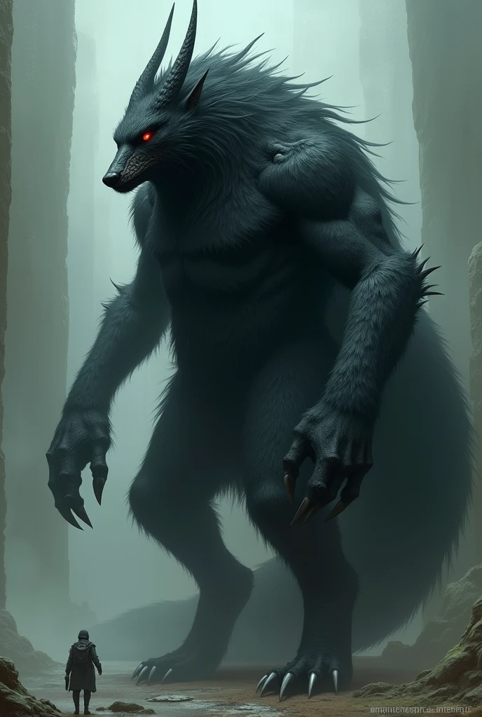Create a 2 meter large creature, slim, full of black hair all over her body, vibrant red eye, horns and long calm, his face is similar to a fox. This creature also has horns and claws., and has a more animalistic body, she DOESN'T LOOK LIKE AN OX