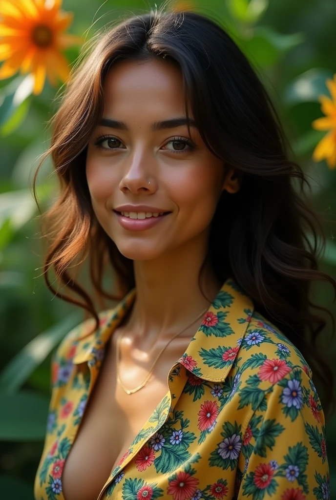 A Brazilian woman in a lush tropical garden, wearing an open shirt with a floral print, with a close-up capturing the harmonious beauty between her breasts and the natural flowers, showing off your natural charm and outgoing personality.