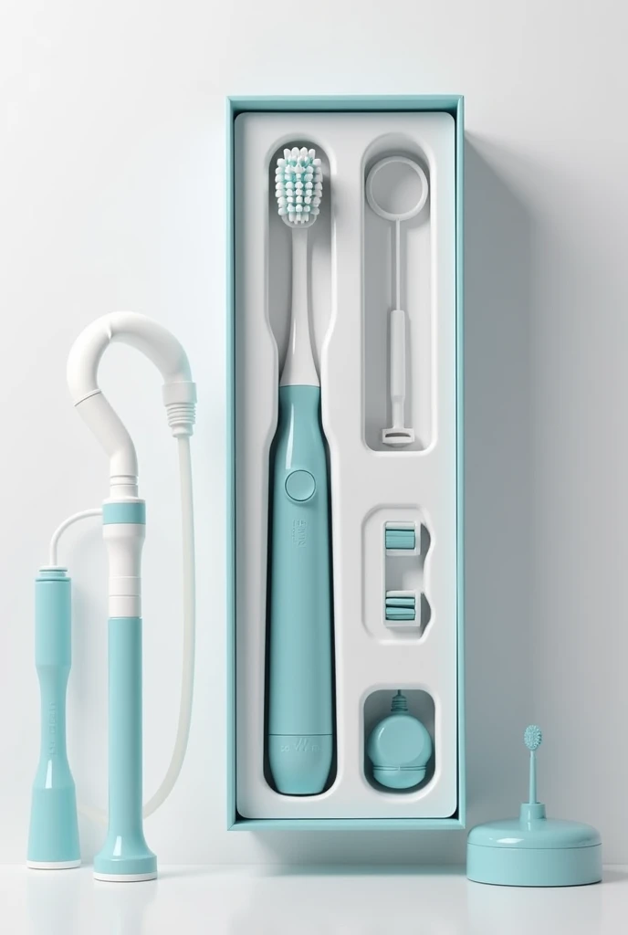A box that contains one toothbrush made of plastic and a hose made of latex.
The hose is designed to be connected to a faucet.
The toothbrush and the hose are separate parts in the box.
They packed separately in the box.
the box is big and the hose is odontologic
the box have differents parts of the toothbrush inside, they're detachable
the toothbrush is like an electric one