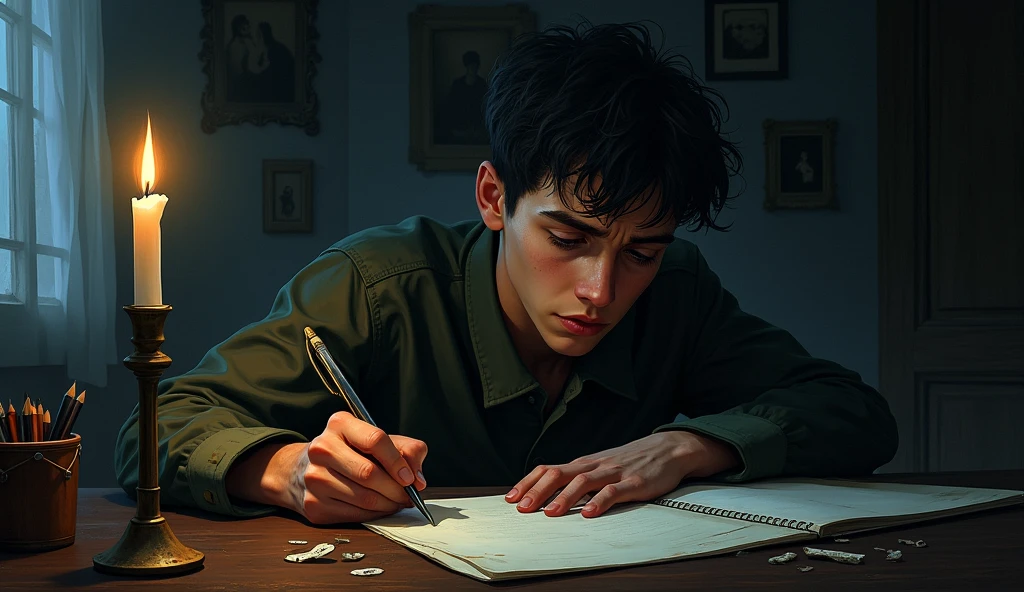 A young writer in a dark and ominous room, visibly tormented by the tragic memories of his past, trying to write a scary story, while a sinister and invisible presence torments him, atmosphere of fear and terror.