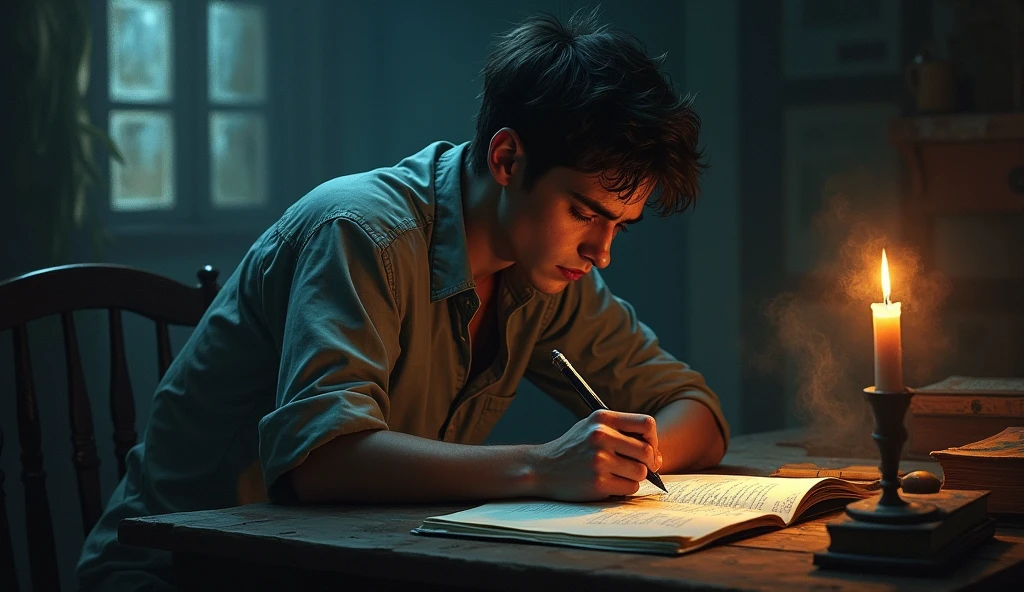 A young writer in a dark and ominous room, visibly tormented by the tragic memories of his past, trying to write a scary story, while a sinister and invisible presence torments him, atmosphere of fear and terror.