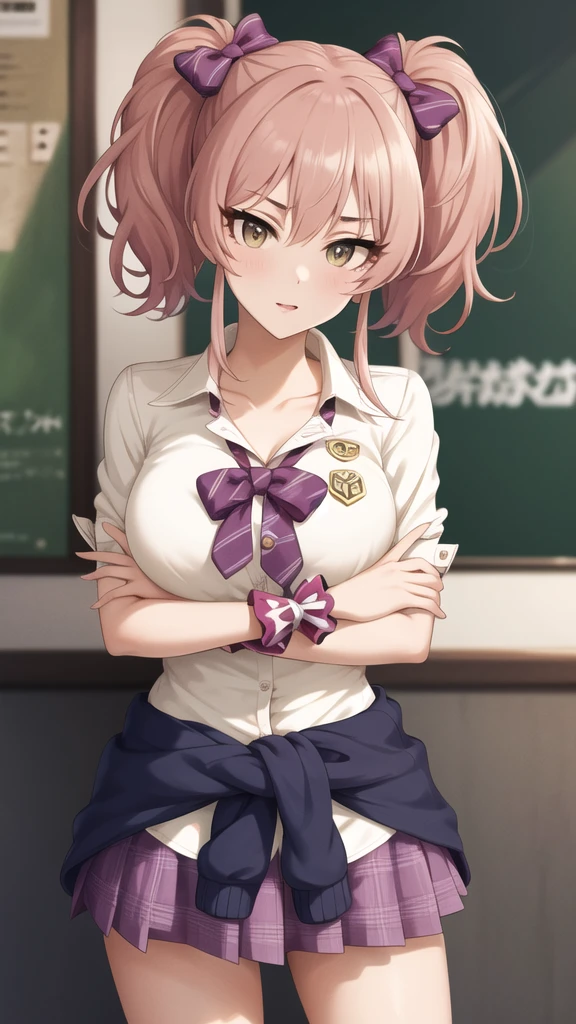 masterpiece, Highest quality, High resolution, Amica, Twin tails, Hair Ribbon, clavicle, school uniform, Striped, bow tie, Collared shirt, White shirt, Rolled up my sleeves, Wrist scrunchies,, Waist clothes, Checked skirt, Purple Skirt, Are standing, Cowboy Shot, Outdoor、Big Breasts、Bare chest、topless、Close-up of face