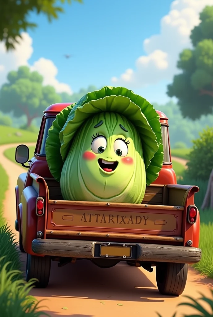 A Disney pixar movie poster, of a cartoony cabbage in a truck, the movie's name is "squashed cabbage leaf"
