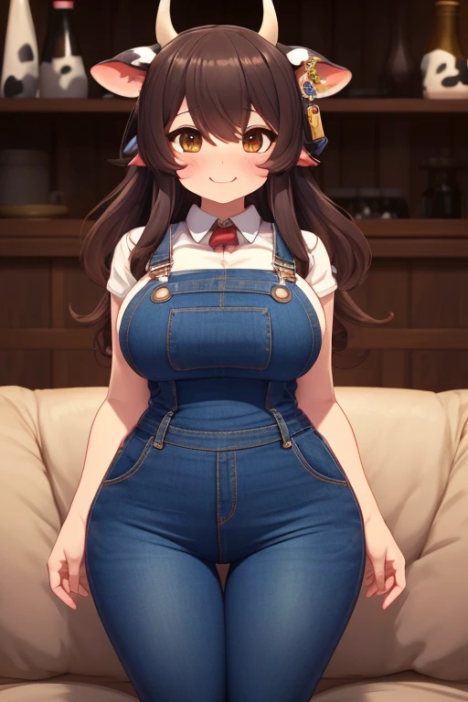 Plump, big breasts, black hair, brown eyes, chubby, smile, (cow girl Kemonomimi: 1.5), blue jeans overalls, longer hair, anime, plump round belly,