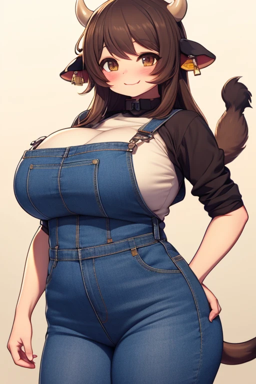 Plump, big breasts, black hair, brown eyes, chubby, smile, (cow girl Kemonomimi: 1.5), blue jeans overalls, longer hair, anime, plump round belly,