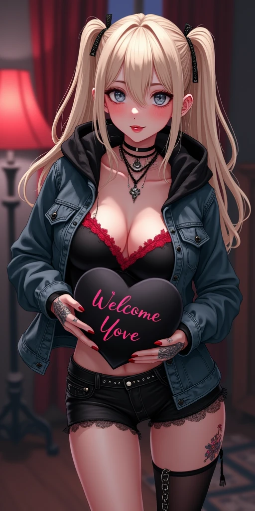 (best quality, ultra-detailed, photorealistic: 1.39), bright and vibrant colors, studio lighting, romantic expression, An effeminate girl, with a delicate and beautiful face. Beautiful and adult tattooed woman with her blonder hair matches the gothic makeup, her silver eyes and mischievous smile, with her large seductive breasts, cleavage, with a black gothic style hoodie, denim jacket, red lace blouse with strap, black shorts with garter feel, socks, chain details on the outfit, socks with supports, chain details,, walking in leaning pose in the room, seductive cleavage, manga style, anime features manga style, fully body , she is in love, anime style, She holds a black heart pillow, message of welcome love