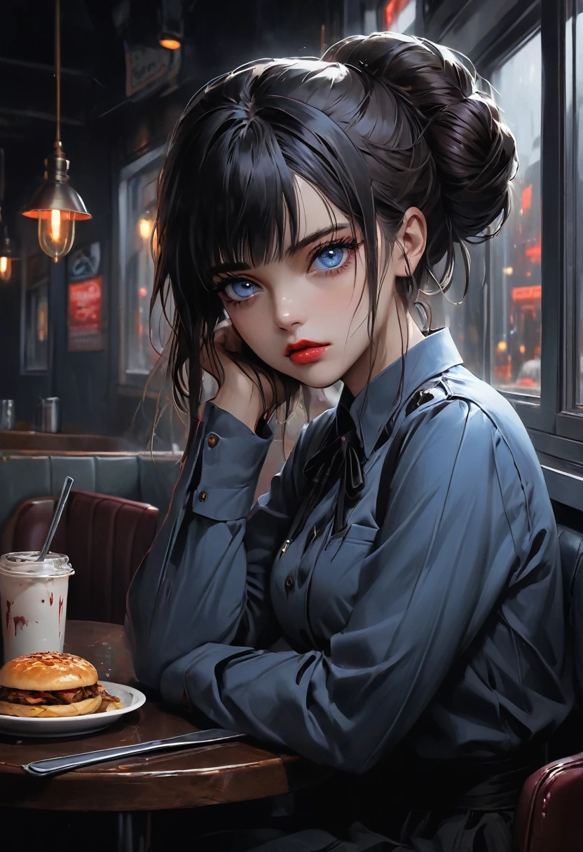 Realistic Digital Painting with Concept Art Elements", (masterpiece),"highest quality", "Expressive eyes", "Perfect Face" "digital painting," "concept art," "realistic," "high detail", "high-res", "ominous aura,", "8k resolution", "oil painting", "darker tone" , "dark saturation" ,"dark feeling", "concept art" , "detailed features" , "detailed eyes" , "1girl" , "feminine build" , "blue eyes" , "diner uniform" , "full body" ,"blood over uniform", "detailed features", "dark brown eyes" , "midnight" , "dark diner background" , "lips slightly parted" , "long black hair tied in messy bun" , "messy bun", , "Apathetic and tired" , "menu in hand"