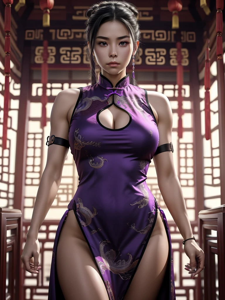 Beautiful Caucasian woman. Fitness body. Big round breasts. Just a woman. Alone. Western woman. Long hair with 1 braid. Purple hair. Bright purple eyes. Woman cosplaying as a kung fu fighter. She is wearing a traditional Chinese cheongsan dress in purple with a dragon print on the front. She is in a Chinese temple. The woman has a facial expression. Dynamic lighting. Dynamic shadows. High resolution.