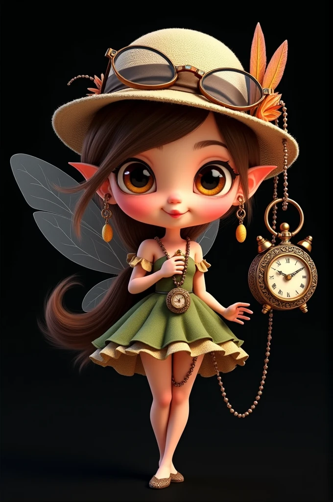 Fairy with brown hair , full lipsos , with hat , with Chinese eyes  , with lens, with chain that carries the S , clock , earrings , ilustración Pixar en fondo negro Fairy with brown hair, full lips