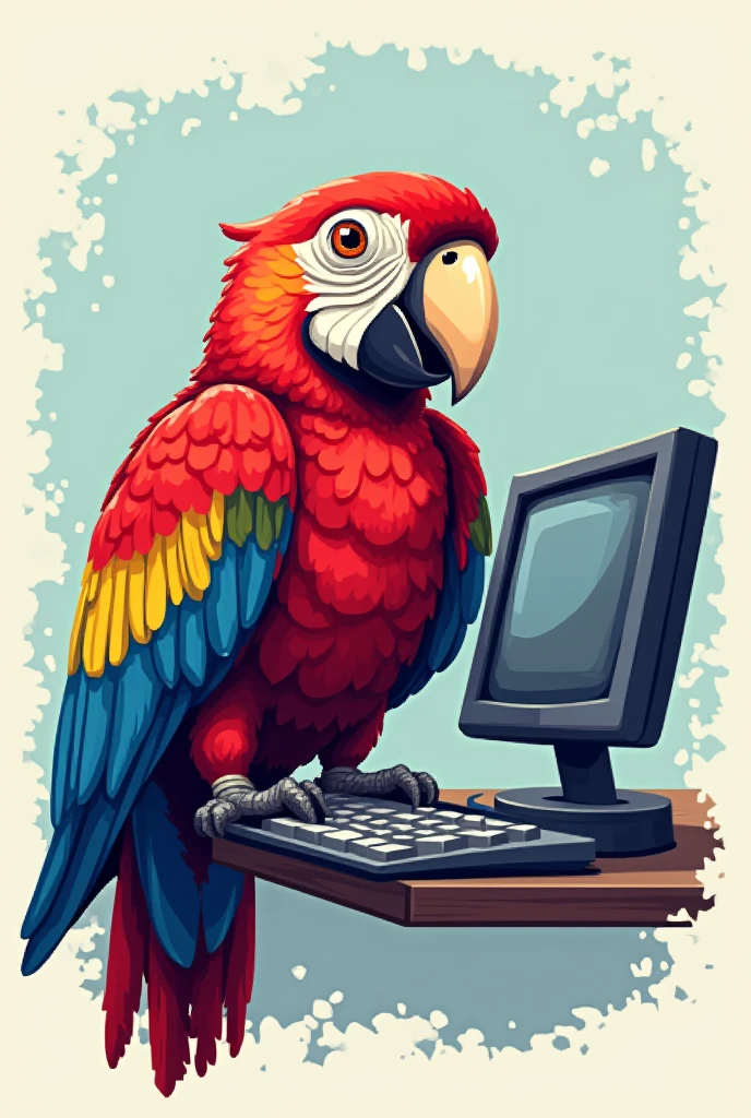 create a print with a transparent t-shirt background where there is a red parrot, yellow beak and legs, white face with black and blue wings in pixel and small sitting and using a computer or notebook