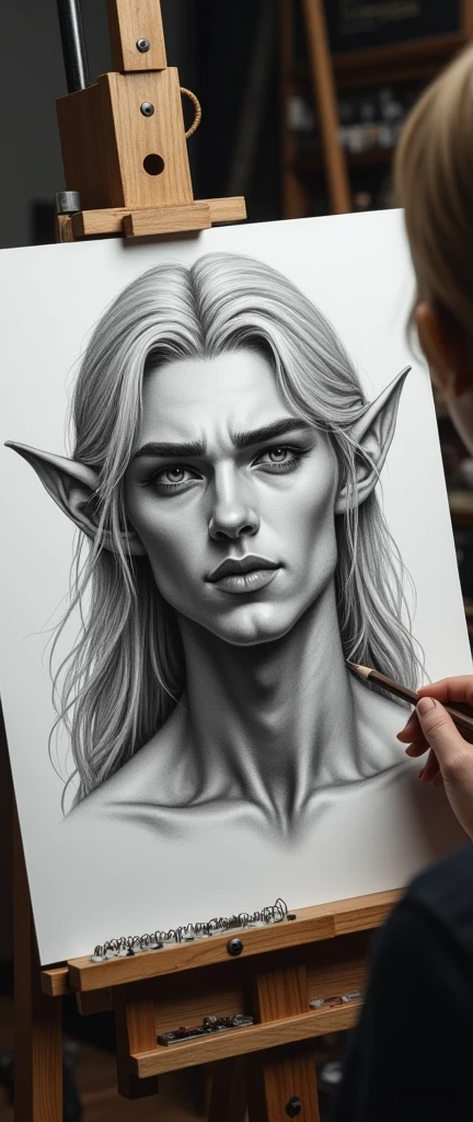 A handsome male elf, detailed portrait, sketching, art studio, pencil drawing, sketch comes to life, winks at artist, artist surprised, drops pencil, hyperrealistic, digital art, muted colors, cinematic lighting, dramatic atmosphere, fantasy, intricate details, highly detailed, masterpiece