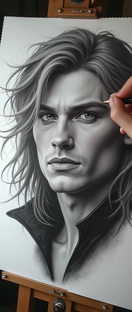 A handsome male elf, detailed portrait, sketching, art studio, pencil drawing, sketch comes to life, winks at artist, artist surprised, drops pencil, hyperrealistic, digital art, muted colors, cinematic lighting, dramatic atmosphere, fantasy, intricate details, highly detailed, masterpiece