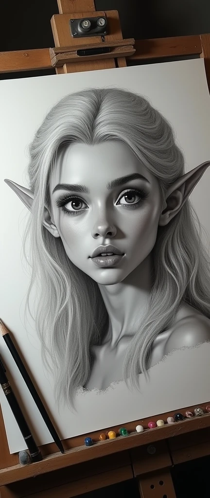 A handsome male elf, detailed portrait, sketching, art studio, pencil drawing, sketch comes to life, winks at artist, artist surprised, drops pencil, hyperrealistic, digital art, muted colors, cinematic lighting, dramatic atmosphere, fantasy, intricate details, highly detailed, masterpiece